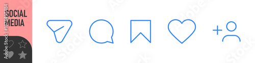 Color line icon set featuring social media symbols including home, search, user, heart, settings, and add symbols. social media notification icons ; like, comment, repost, share, save, UI icons