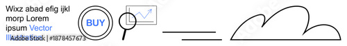 E-commerce, data analysis, technology, online shopping trends, cloud storage, digital tools. Minimalist design magnifying glass, graph buy button and cloud outline. E-commerce and data analysis