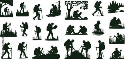 Black silhouette hiker and explorer icons in outdoor poses — trekking, navigating, resting, and observing nature for adventure-themed vector design projects.
