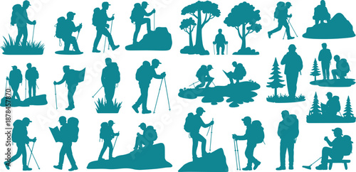 Hiking and trekking people silhouette icon set, outdoor adventure travelers with backpacks for camping, nature exploration, travel design