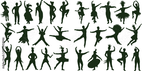 Dancing people silhouette icon set, energetic dancers in motion poses for festival, party, music event, choreography, cultural performance design