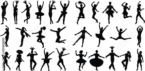 Dancing people silhouette icon set, expressive dancers jumping and posing for music events, festivals, choreography, party and performance design