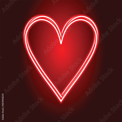 Vibrant red neon heart glowing brightly in the dark, symbolizing love and passion