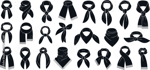 Black silhouette scarf tying styles — 24 elegant fashion illustrations showcasing diverse knots, loops, and drapes for stylish outfit inspiration and design use.