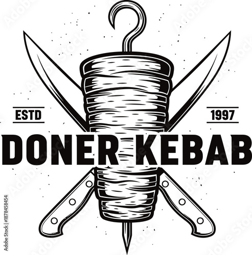 Crafted Monochrome Emblem Representing Traditional Spitted Meat Culinary Delights with Rustic Knives, Ideal for Eatery Branding and Authentic Restaurant Identity