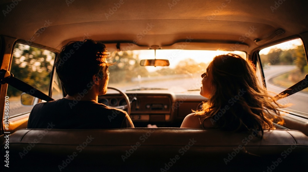 Fototapeta premium Backseat view couple driving at sunset cinematic photo