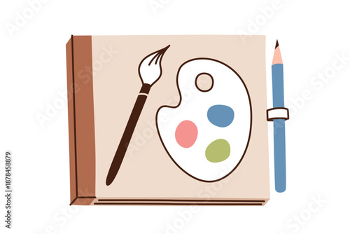 Doodle sketchbook with pencil, vector flat cartoon illustration in naive style. Drawing album for creativity and learning, art practice and hobbies, kids education, planners, stationery, posters