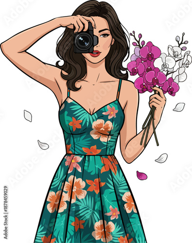 Orchid Focus – Beautiful Woman Photographing Orchid Flowers