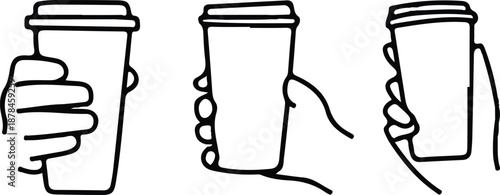 three hand holding coffee cup black line icon set vector illustration 
