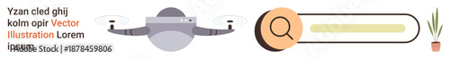 Technology, navigation tools, web search, innovation, exploration, automation. quadcopter hovering near a search bar with a magnifying glass and a potted plant. Technology and navigation tools