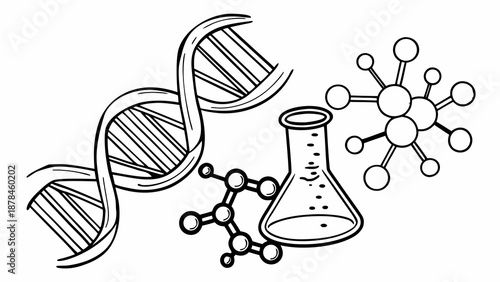 Scientific illustration of DNA structure, molecular compounds, and laboratory equipment in a research setting viewed from the side