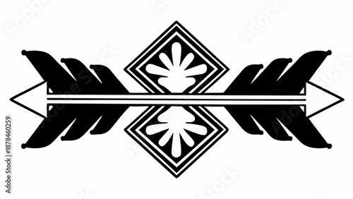 Symmetrical black and white illustration of a floral emblem surrounded by decorative elements
