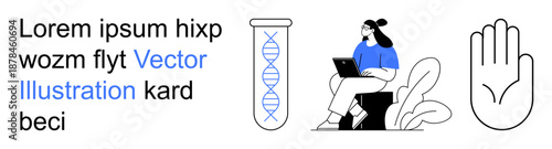 Science, technology, data analysis, genetics research, online learning, scientific discovery. Woman sitting with a laptop, DNA strand and hand symbol. Science and technology concept