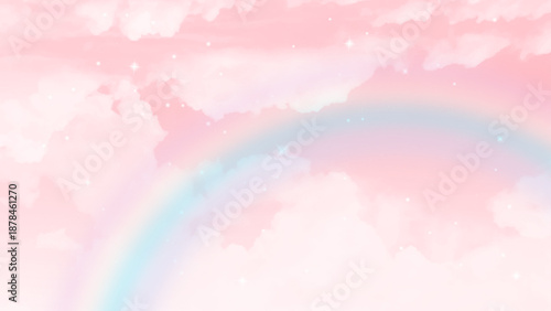 Pink sky white clouds with rainbow effect. 