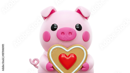3D Pink Pig Character Holding a Heart-Shaped Cookie
