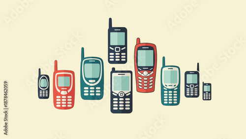 Assorted retro mobile phones in various colors and designs.