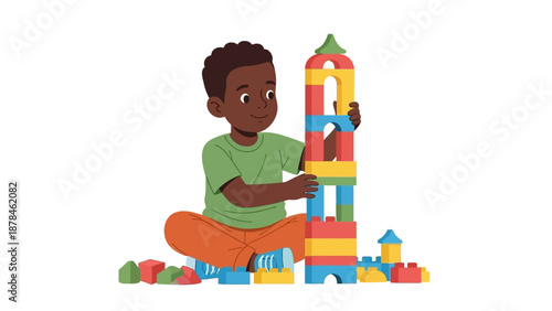 Young boy engaged in creative play with colorful building blocks.