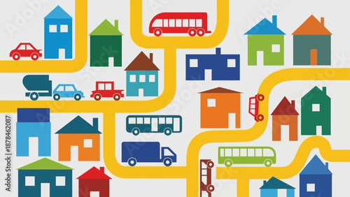 Colorful cartoon city map with various vehicles and buildings.