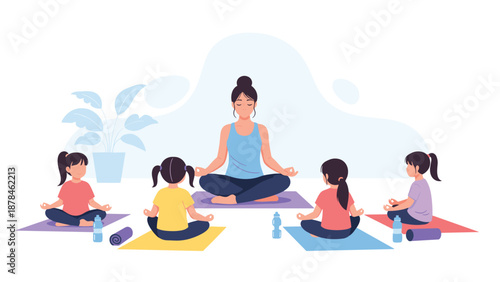 Female yoga instructor teaching a class of young girls the lotus pose, promoting mindfulness and wellness for children.