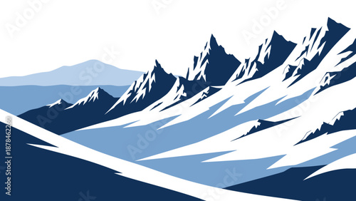 Snow-capped mountain peaks in shades of blue and white.