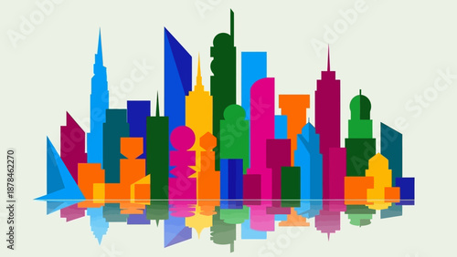 Vibrant City Skyline with Colorful Skyscrapers and Reflections.