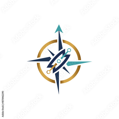 Nautical Compass Rose with Boat Navigation Symbol