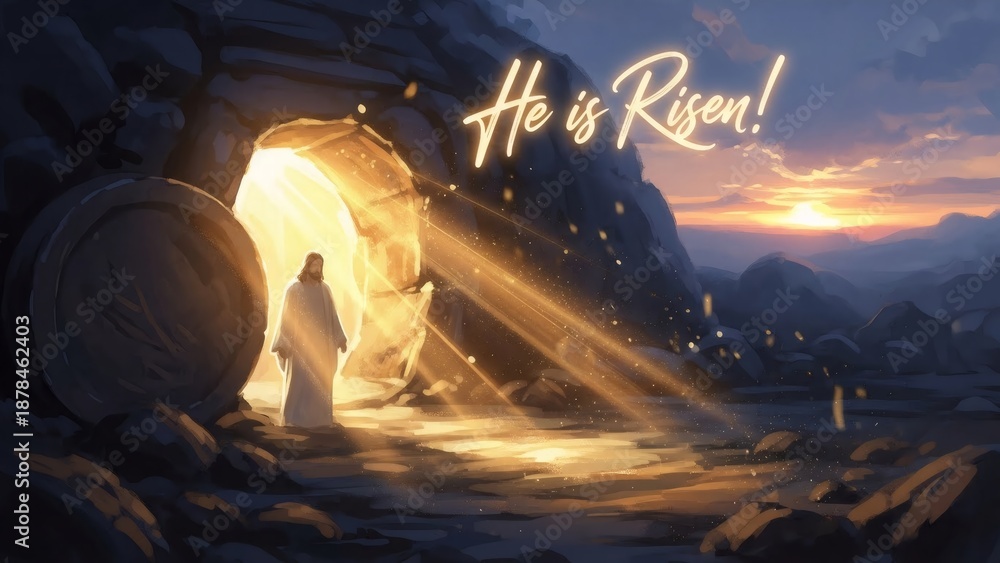 Obraz premium Illustration of Jesus exiting a tomb with glowing light, proclaiming He is Risen. Easter resurrection and spiritual concept for religious celebration.