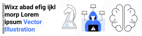 Cybersecurity, online risk, data protection, AI, strategic thinking, hacking. A hooded figure with laptops, a chess knight and a brain. Cybersecurity and strategic thinking concepts