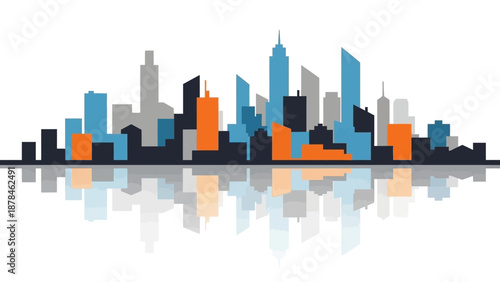 Colorful city skyline with reflection on water surface.