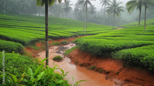 Serene Rice Terraces with Flowing Stream.