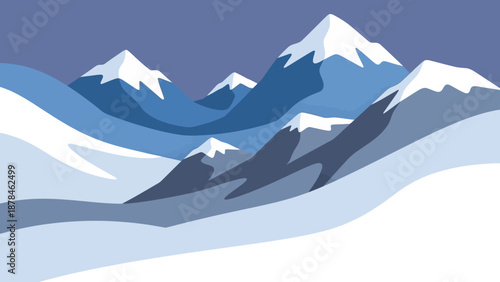 Snowy mountain range landscape with stylized peaks and serene atmosphere.