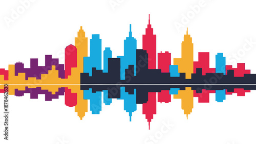Vibrant City Skyline Silhouette with Colorful Buildings and Reflection.