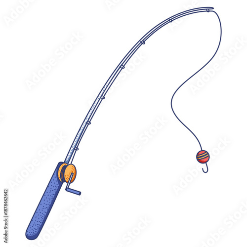 llustration of a fishing rod with a reel, curved rod, fishing line, bobber, and hook. Designed in a simplified cartoon style with clean details. 