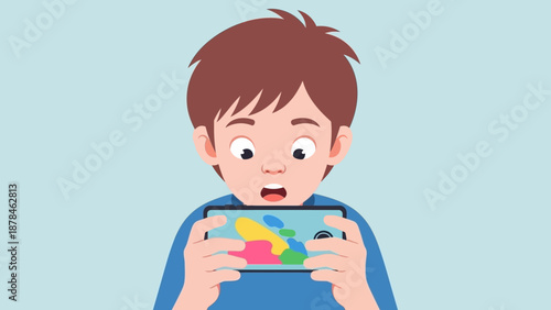 Young boy enthusiastically playing a colorful video game on a handheld console.