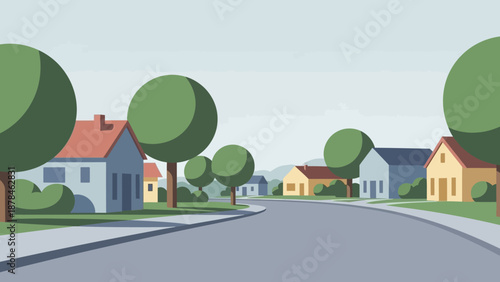 Serene suburban street with houses and trees.