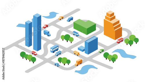 Isometric cityscape with buildings, roads, and vehicles.