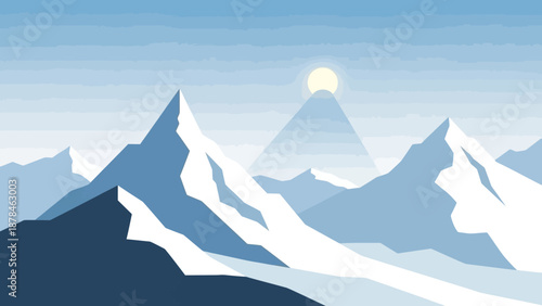 Serene mountain landscape with snow-capped peaks and full moon.