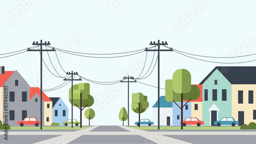 Colorful Suburban Street Scene with Houses and Power Lines.