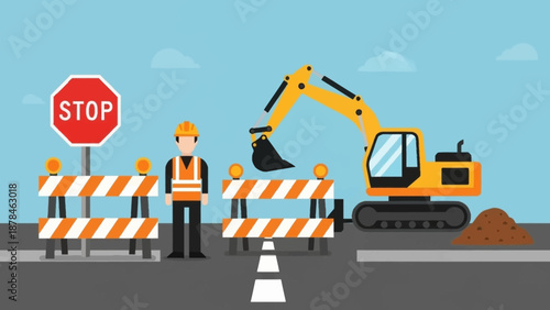 Road construction site with barriers and excavator.