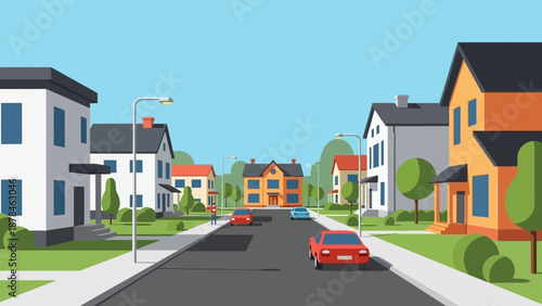 Colorful Suburban Street with Houses and Cars.