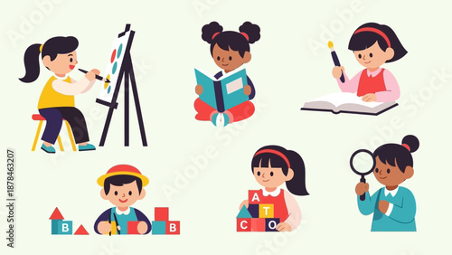 Diverse children engaging in various creative activities and learning.