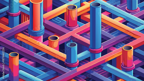 Abstract geometric shapes intertwined with vibrant, colorful lines creating a dynamic visual composition..eps