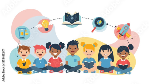 Diverse group of children engaged in learning and education.