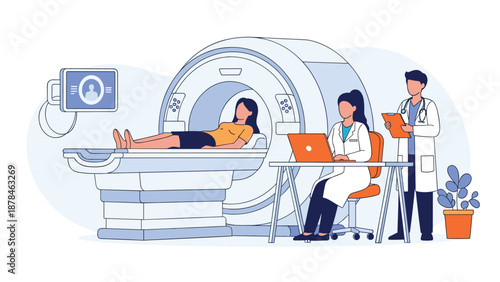 Patient undergoing an MRI scan in a hospital, with doctors monitoring the procedure and analyzing the diagnostic images.