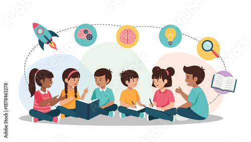 Diverse group of children sitting in a circle engaged in discussion and learning.