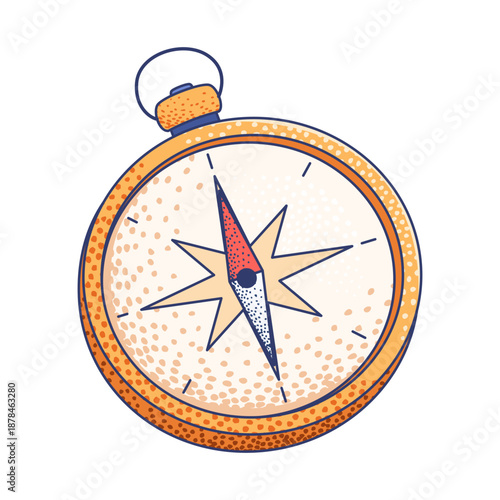 A classic navigation magnetic compass featuring a circular casing, attachment loop, and a needle pointing north and south.