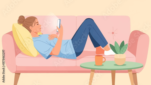 Woman relaxing on a pink sofa with a tablet and coffee.