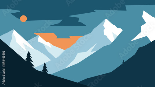 Stylized mountain landscape with trees and sun.