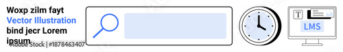 Online education, learning management, technology tools, time management, digital data search, e-learning resources. A search bar, clock and LMS screen. Online education and time management concept