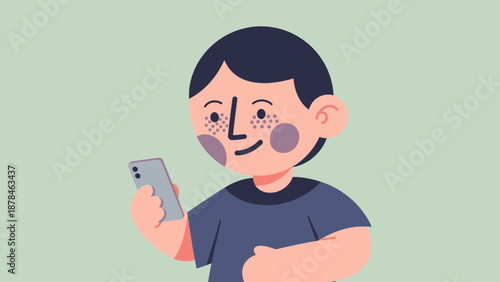 Cartoon boy holding smartphone with cheerful expression.